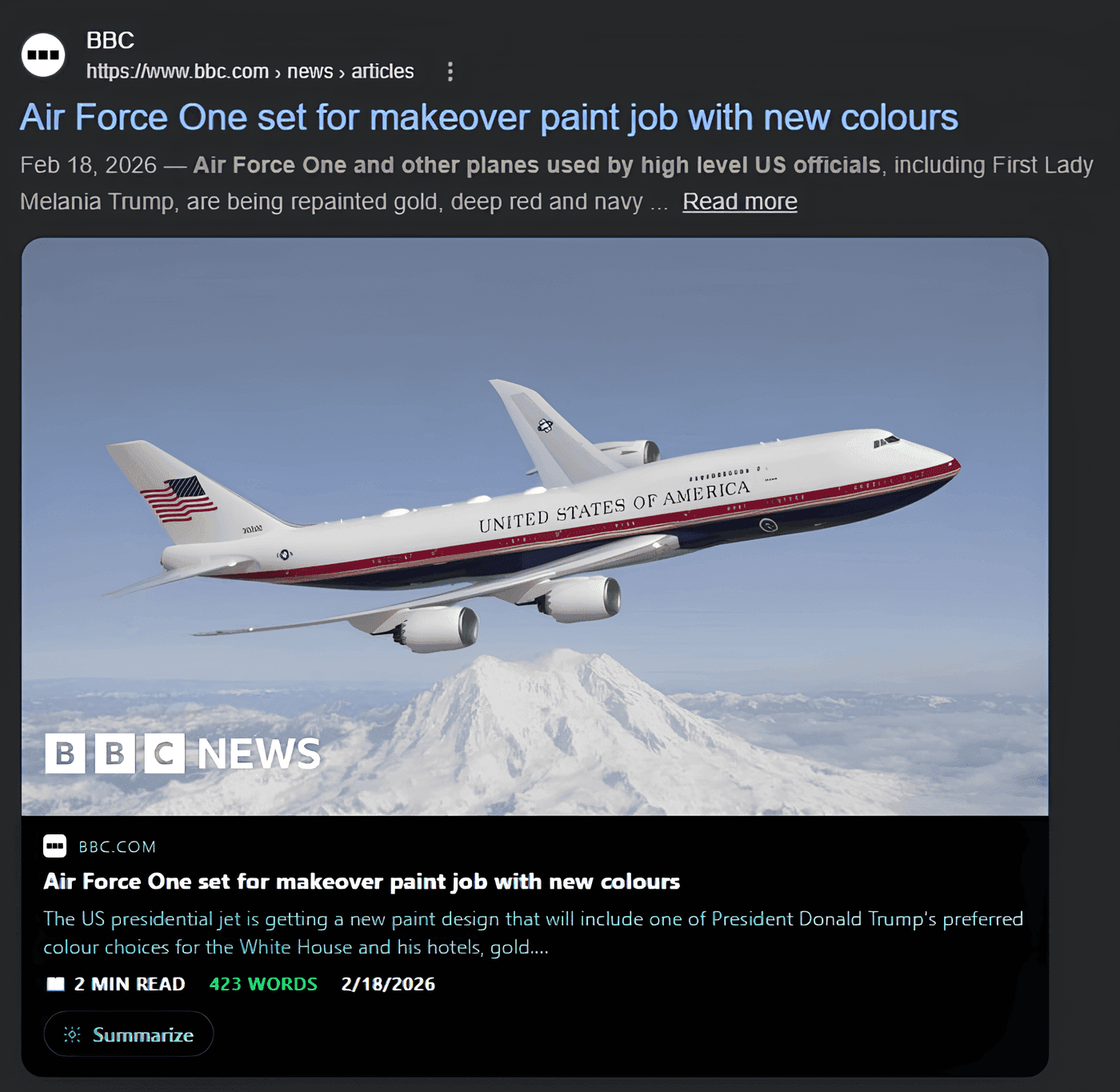 Peekly's live preview card for a BBC News article on bbc.com