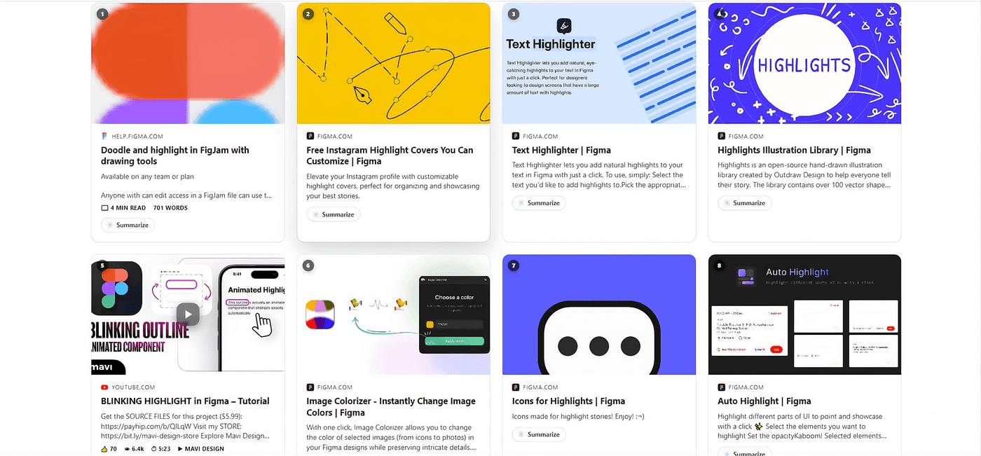 Peekly's Feed view showing search results as a scrollable grid of preview cards